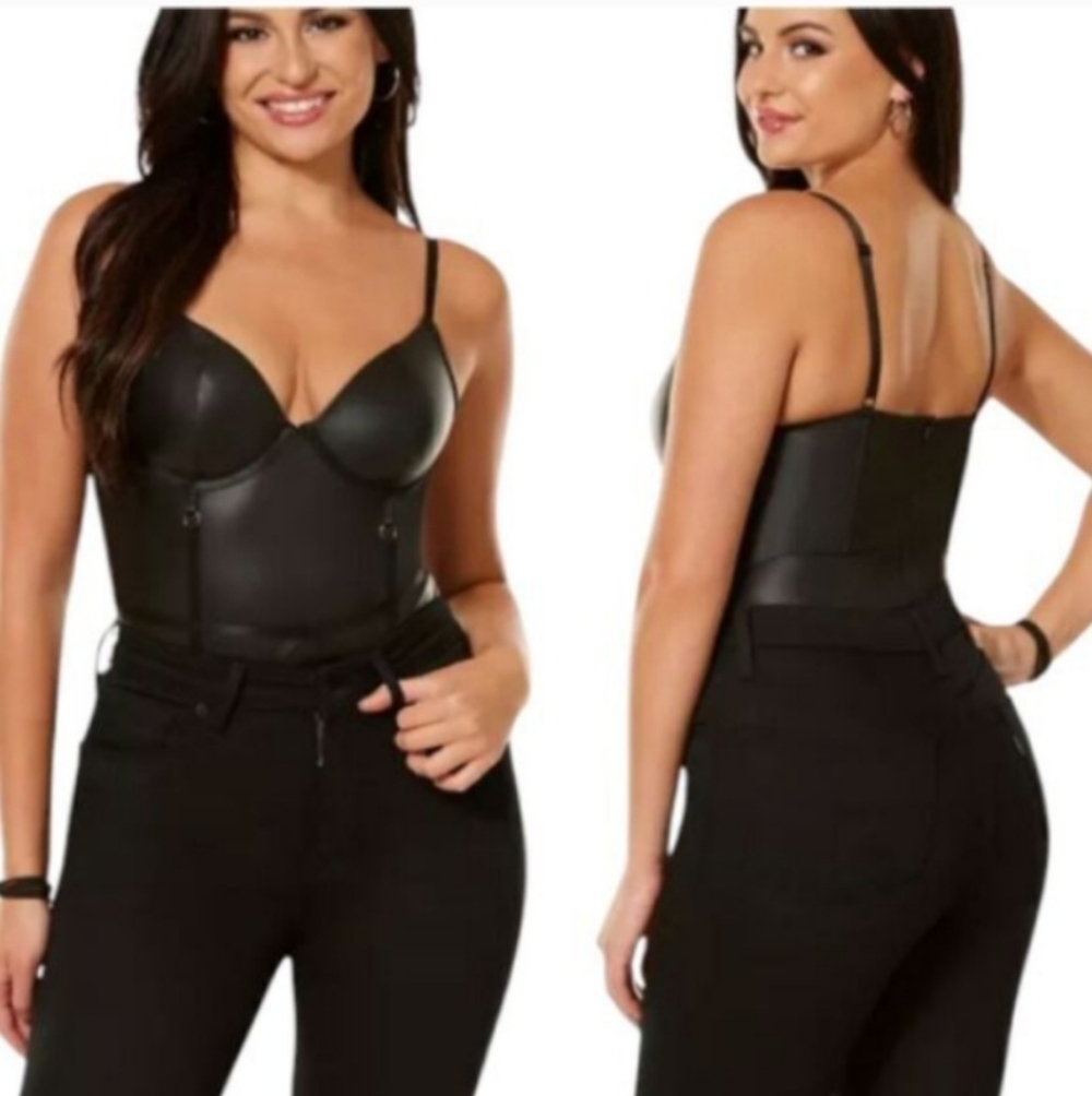 Sexy Black Pleather Bodysuit Sheer Lace Cup Large NWT
